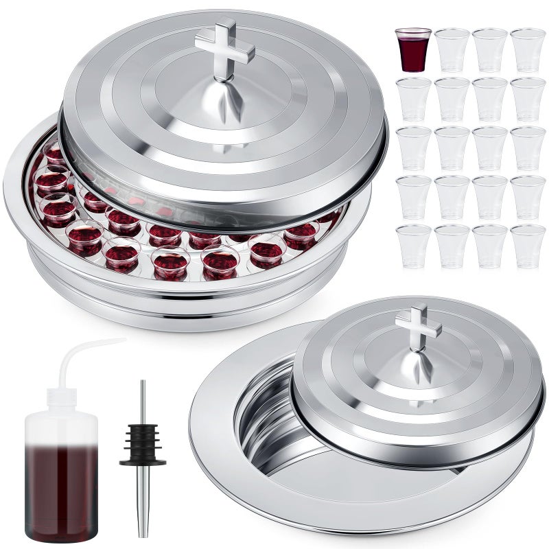 Zhehao مجموعة زهاو للتناول صواني مقدسة للكنائس مع غطاء أطباق تناول مع غطاء أكواب كنائس مع ملء وأكواب قابلة للتصرف 3 قطع فضية