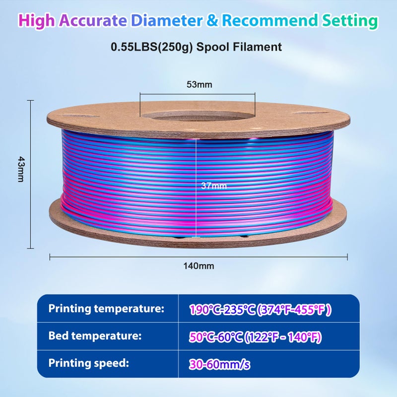3Dgenius Silk PLA 3D Printer Filament Triple Color Silk PLA Filament 1.75mm 3D Printing Filament Fit Most FDM Printers, 250g Spool(0.55lbs), 3 in 1 Color Rose Red Sky Blue Green - Image 5
