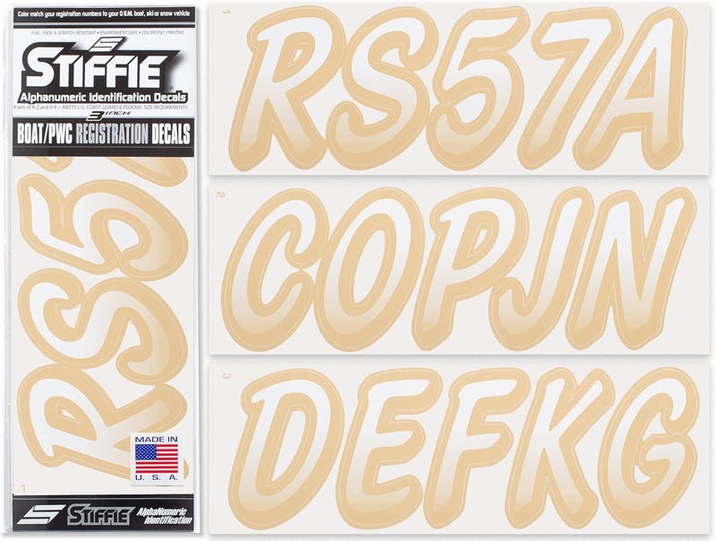 Stiffie Whipline White/Tan 3" Boat & PWC Registration Decals • Numbers Letters Stickers - Image 1