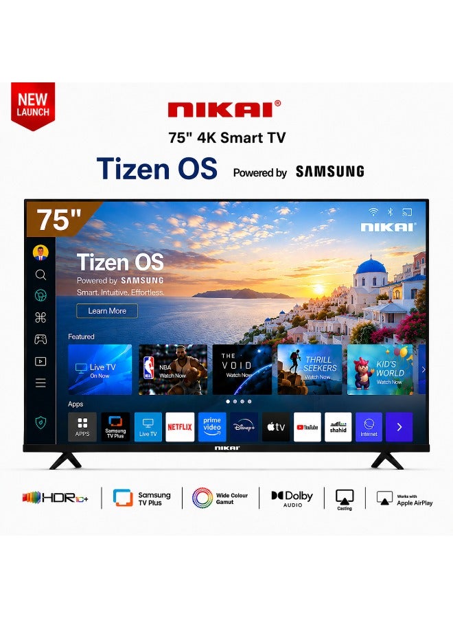 NIKAI 75-inch 4K UHD Smart TV Tizen OS (Samsung Powered) Ultra HD LED Television | HDR10 | Voice Control | Built-in WiFi | Bluetooth 2.1 + EDR | 5000:1 Contrast | 3 HDMI | 2 USB - 75QTZN4KSLED 75QTZN4KSLED Black - Image 1