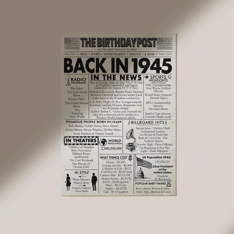 Stuff4 80th Birthday Poster Unframed - Back In 1945 Newspaper - Happy 80th Birthday Gifts for Men Women Vintage Retro Born In 1945  8x10 Inch Eighty Eightieth Bday Party Decor Decoration - Image 3