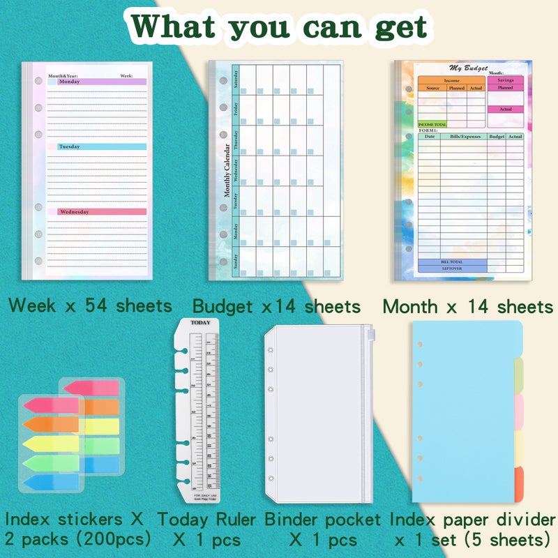 Generic 6-Hole Binder Refill Paper Notebook Inserts Gradient plan Kit: color monthly plan 14 + color Financial Management 14 + color weekly plan 54 + partition Paper 1 + zipper bag 1 + Ruler 1+5 color arrow paste 2 