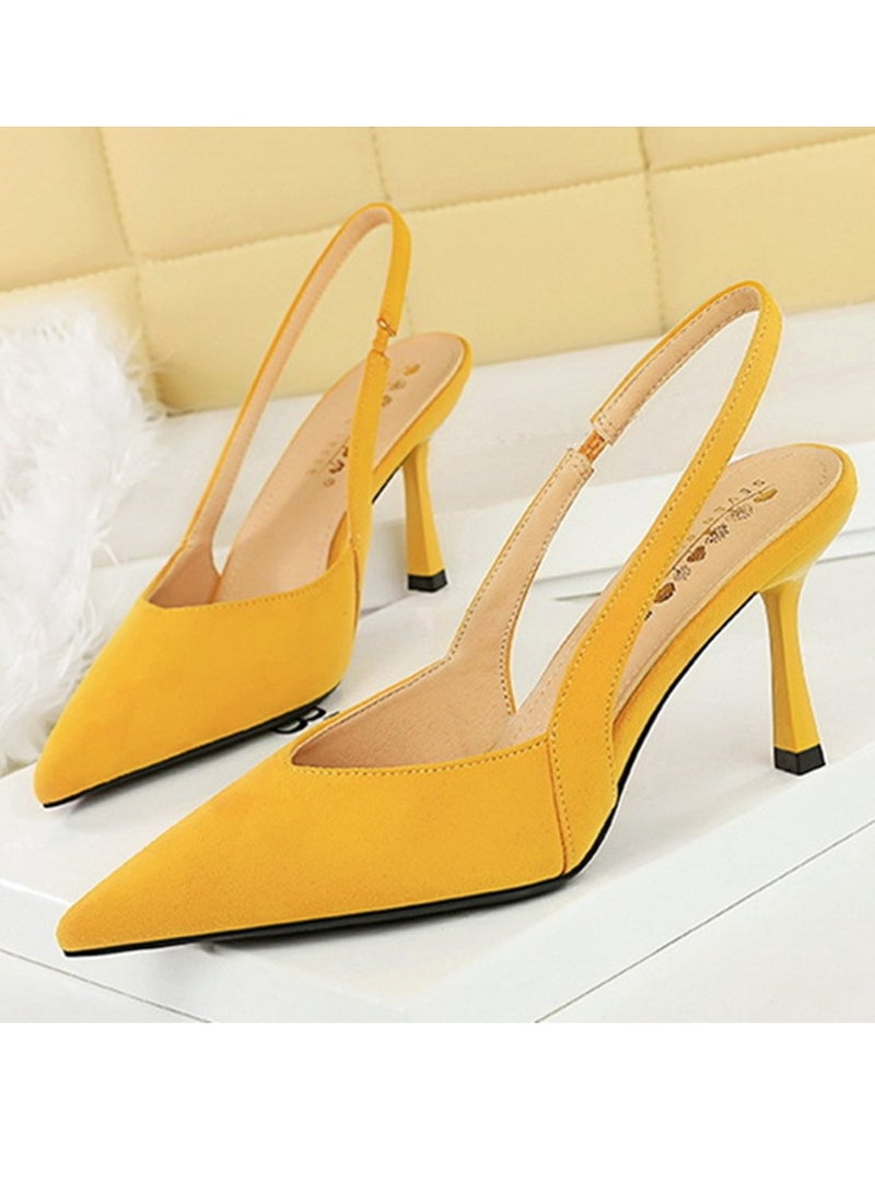 بيج تري المرأة مغلقة أشارت إصبع القدم كعب عالي مع أحزمة الكاحل ساندال مضخات الأصفر 8CM - Image 1