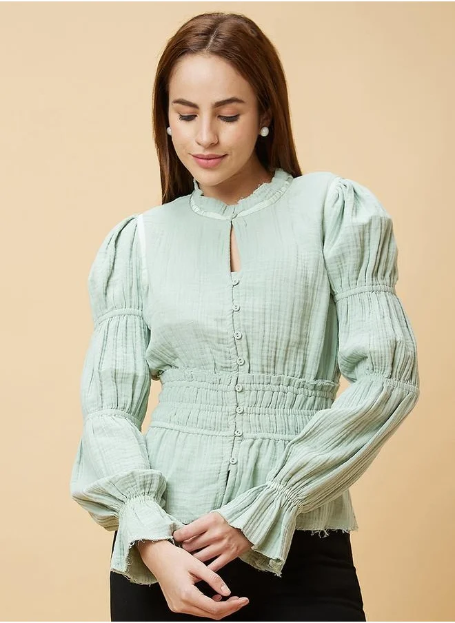 جلو باص Textured Mandarin Collar Puff Sleeves Cotton Top by Styli
