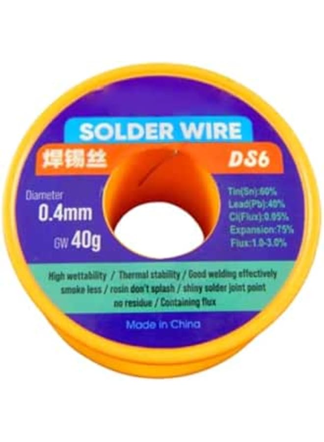 سلك لحام DS6، قطر 0.4 مم، 40 جرام، سبيكة قصدير/رصاص 60/40 مع تدفق