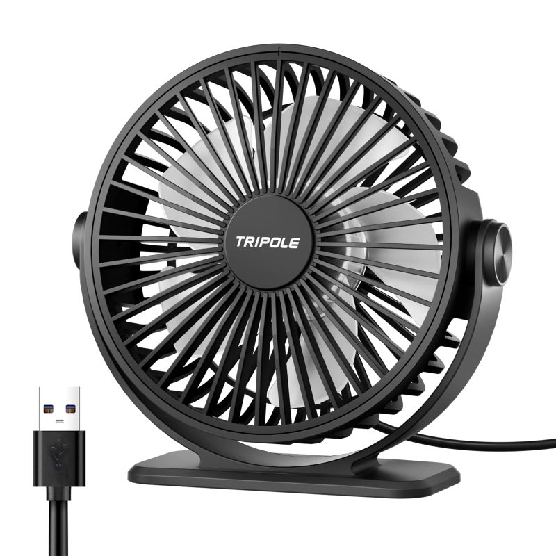 TriPole Desk Fan USB Powered Small Portable Fan, 3 Speeds Adjustable Strong Breeze Mini Personal Fans, 360Â° Rotation Quiet Plug In USB Fans for Desktop Bedroom Office Table Travel, Black, 4.9ft Cable - Image 1