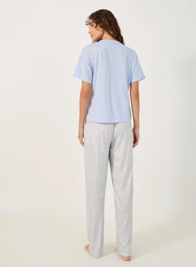 Styli Graphic Print Round Neck T-Shirt and Pyjama Set