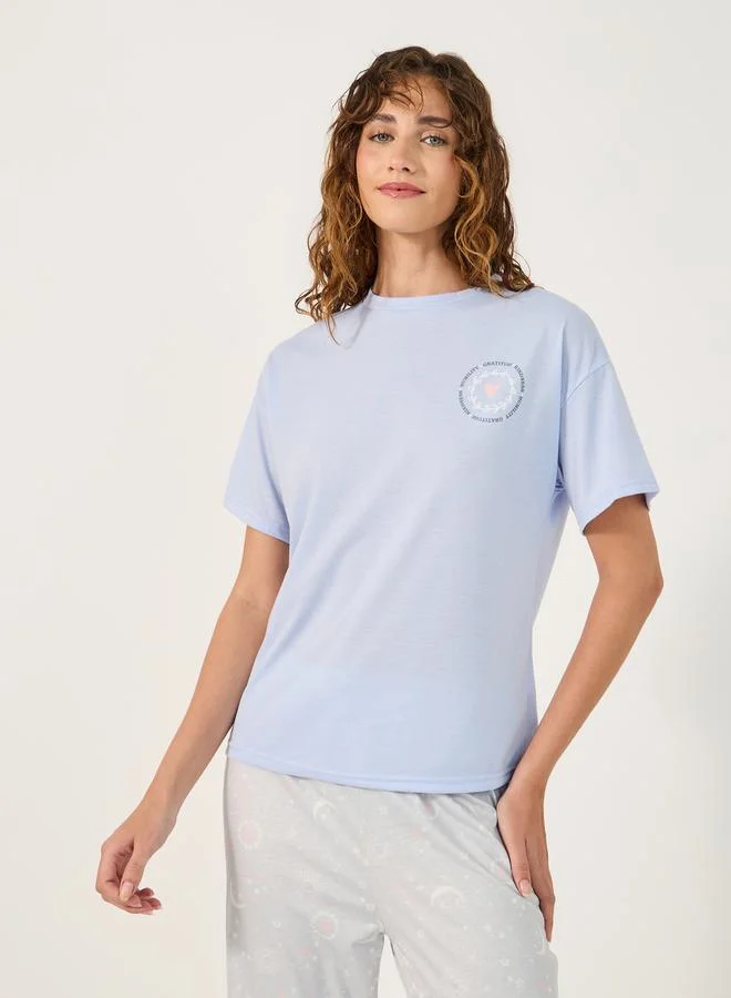Styli Graphic Print Round Neck T-Shirt and Pyjama Set
