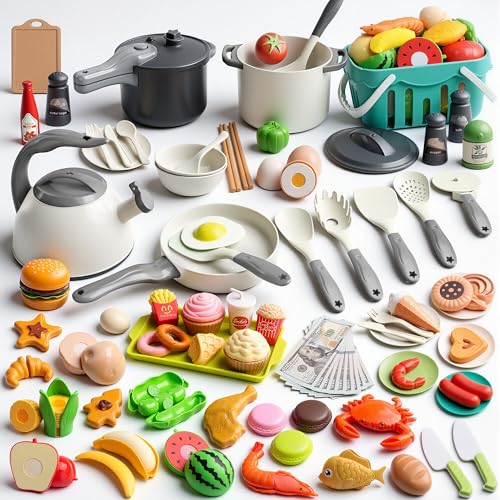 Funpynani 130Pcs Kitchen Playset Toddler Pretend Cooking Play Pots Pans Utensils Cookware Daily Food Fruit Veges Shopping Storage Basket Dessert Prop Money Learning Gift for Child White - Image 1