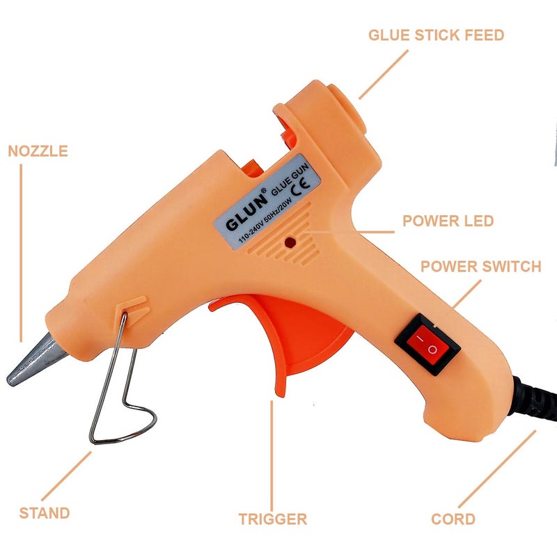 GLUN® مسدس غراء 20 واط بلون الخوخ مع عصي غراء 7 مم بطول 6 بوصات، زر تشغيل وإيقاف، مؤشر LED، عصي غراء شفافة لمتخصصي الحرف اليدوية وأعمال DIY (20 واط 10 عصي) - Image 5