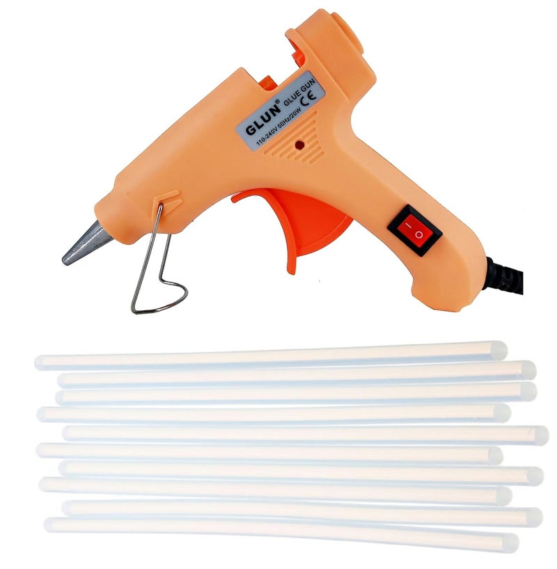 GLUN® مسدس غراء 20 واط بلون الخوخ مع عصي غراء 7 مم بطول 6 بوصات، زر تشغيل وإيقاف، مؤشر LED، عصي غراء شفافة لمتخصصي الحرف اليدوية وأعمال DIY (20 واط 10 عصي) - Image 1