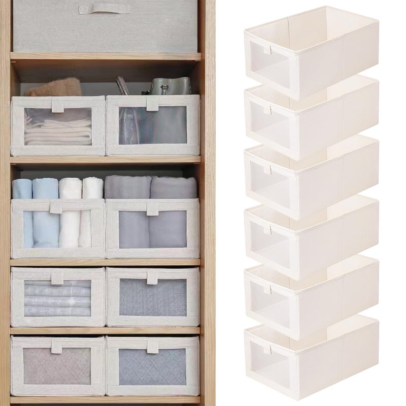 Pradnel Linen Closet Organizers And Storage, 6 Pack Closet Storage Bins Linen Closet Baskets for Closet Organization Foldable Closet Organizer Bins with Clear Window For Organizing Clothing, Jeans, Shelves - Image 1