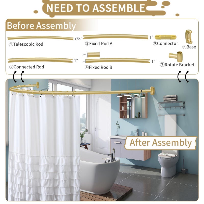 YNL Curved Shower Curtain Rod 35-82In(2.9-6.8Ft), Gold Round Rustproof Shower Rod for Bathroom Bathtub, Adjustable Arched Shower Curtain Rod, Never Rust|Extra Space|Non-Slip|Expandable|Need to Drill. - Image 3
