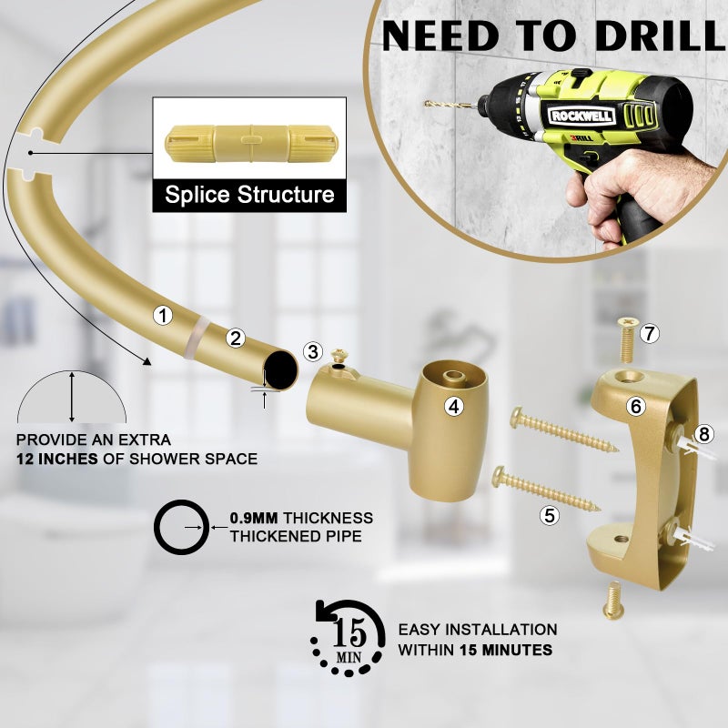 YNL Curved Shower Curtain Rod 35-82In(2.9-6.8Ft), Gold Round Rustproof Shower Rod for Bathroom Bathtub, Adjustable Arched Shower Curtain Rod, Never Rust|Extra Space|Non-Slip|Expandable|Need to Drill. - Image 2