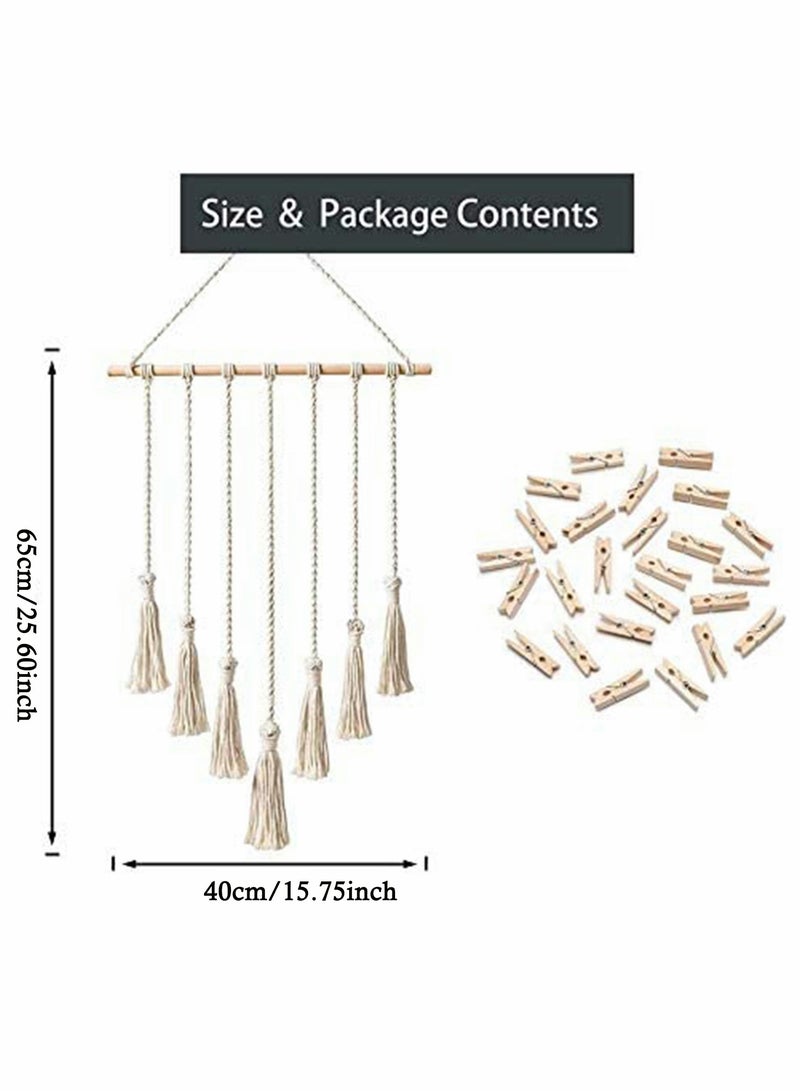 Excefore Macrame Wall Hanging Photo Card Display With Wood Clips Hanging Pictures Organizer Bohemian Handmade Woven Tapestry Home Decor, 27"L x 17''W  - Image 5