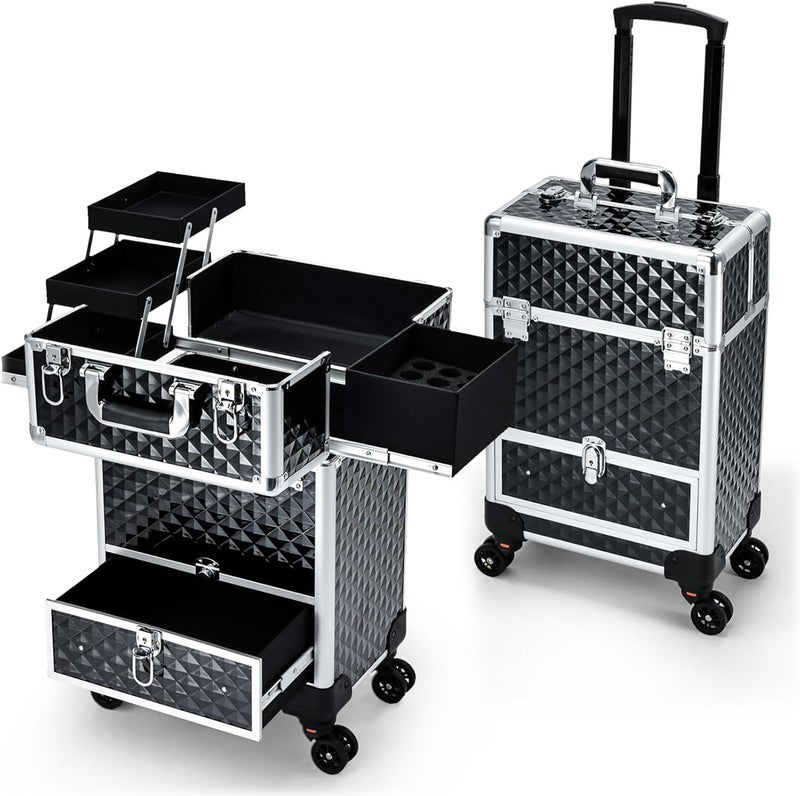 Hododou Hododou Rolling Makeup Case Cosmetic Travel Trolley Storage Sliding Drawer 4 Tray Makeup Travel Case with Wheels Salon Barber Case Traveling Cart Trunk for Cosmetologist Nail Tech Hairstylist Black 
