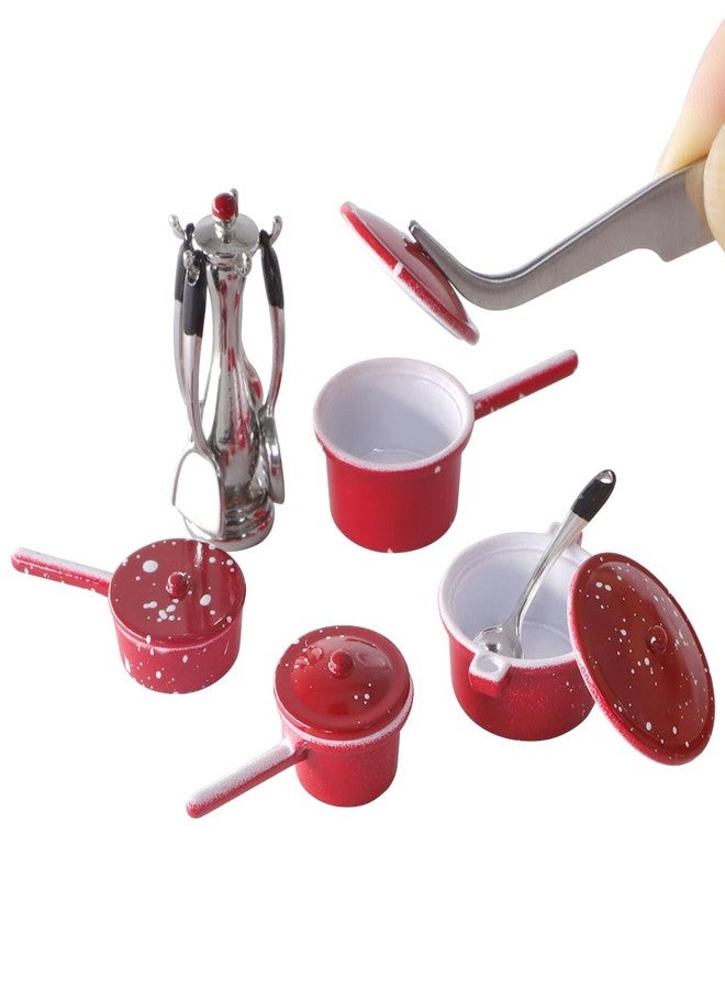 iLAND 1/12 Scale Accessories of Dollhouse Kitchen, Dollhouse Miniatures Cooking Set, Mini Metal Pots & Pans & Turners w/Stand - Image 1