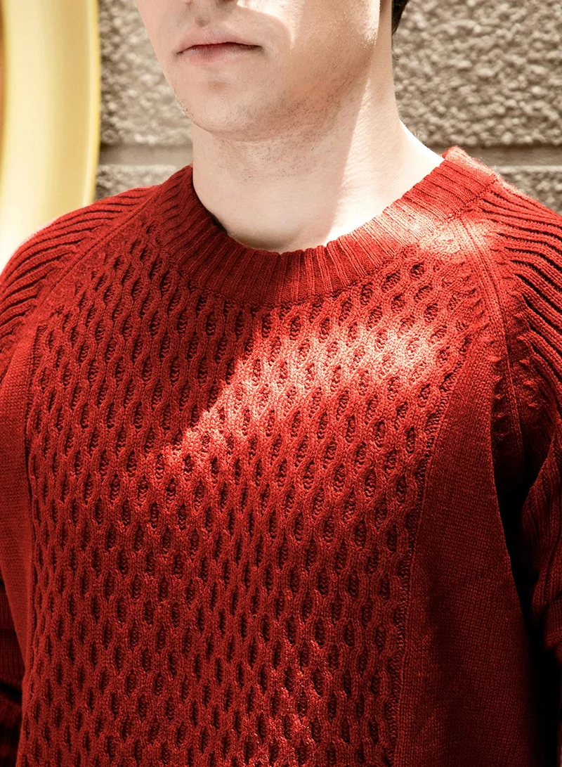 Campus Sutra Men's Ash Brown Mesh-Knit Pullover Sweater