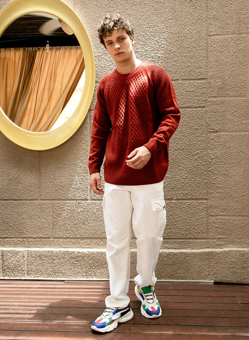 Campus Sutra Men's Ash Brown Mesh-Knit Pullover Sweater