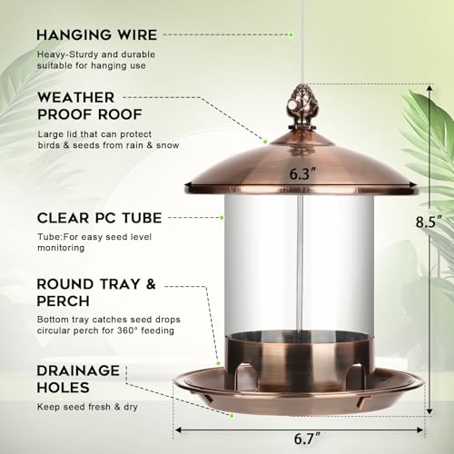 Gbekery Metal Bird Feeders for Outdoors Hanging Weather Resistant Wild Bird Feeder with 360 Degree Feeding Tray Copper - Image 3
