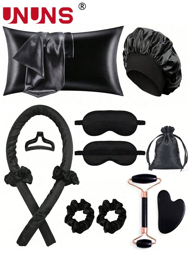 UNUNS 12Pcs Sleeping Hair Styling Tools Set,Curler And Facial Massager,1 Pillowcase,Heat-Free Curling Iron Set,Overnight Curler,1 Sleeping Soft Eye Mask,1 Storage Bag,Facial Roller Skin Care Tools for Women,Black - Image 1