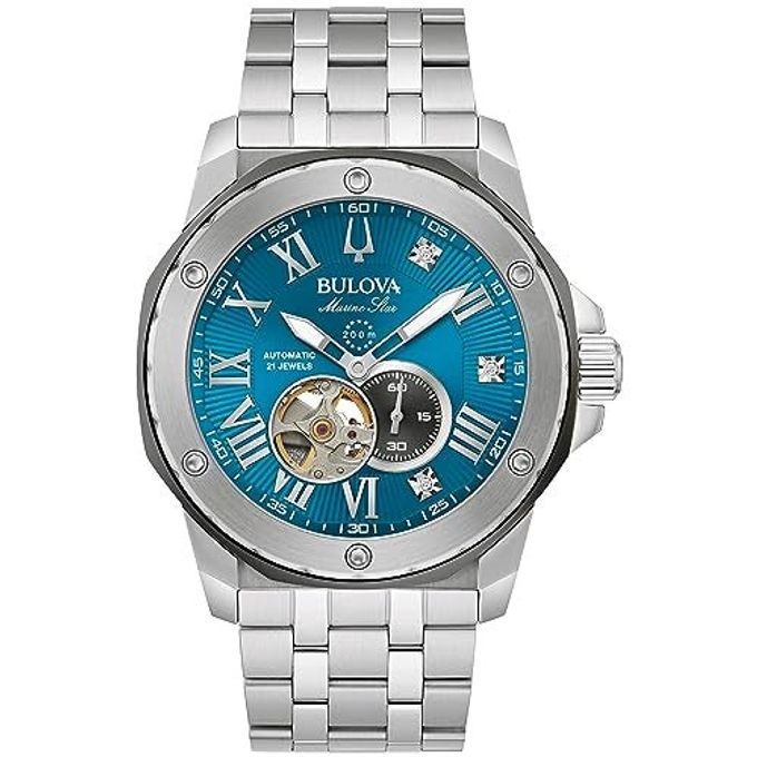 Bulova Marc Anthony Men'S Automatic Marine Star Stainless Steel Watch,Open Aperture,Exhibition Case Back,Diamond Accent Blue Sunray Dial, (Model:98D184) - Image 4