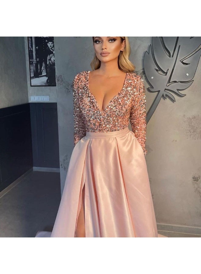 NIBEMINENT فستان لامع للنساء فستان بفتحة على شكل حرف V بتصميم باتش وورك أنيق وعصري، فستان مسائي طويل أنيق ومقسم - Image 1