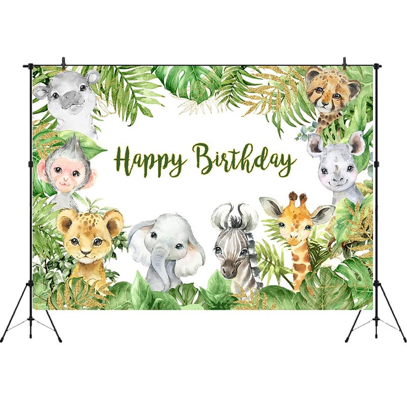 Aperturee 7x5ft Safari Jungle Animals Backdrop Happy Birthday Tropical Green Leaves Baby Girl Boy Photography Background Kid Portrait Party Decoration Photo Studio Booth Props Cake Table Banner - Image 2