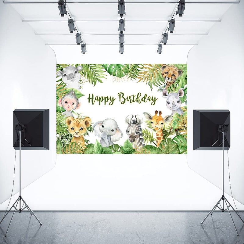Aperturee 7x5ft Safari Jungle Animals Backdrop Happy Birthday Tropical Green Leaves Baby Girl Boy Photography Background Kid Portrait Party Decoration Photo Studio Booth Props Cake Table Banner - Image 4