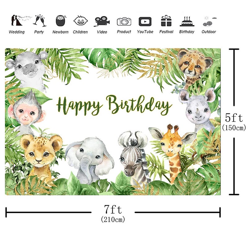 Aperturee 7x5ft Safari Jungle Animals Backdrop Happy Birthday Tropical Green Leaves Baby Girl Boy Photography Background Kid Portrait Party Decoration Photo Studio Booth Props Cake Table Banner - Image 3