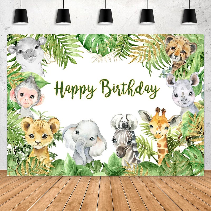 Aperturee 7x5ft Safari Jungle Animals Backdrop Happy Birthday Tropical Green Leaves Baby Girl Boy Photography Background Kid Portrait Party Decoration Photo Studio Booth Props Cake Table Banner - Image 1