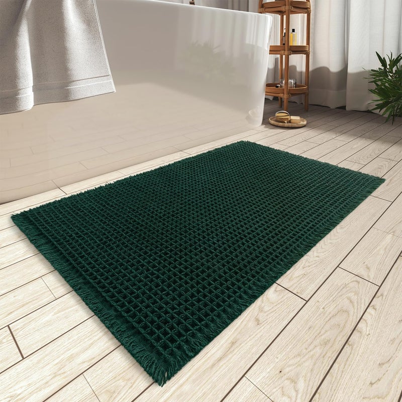 AMOAMI Upgraded Waffle Bath Mat, Super Absorbent Non Slip Bath Mats for Bathroom Floor, Machine Washable Bathroom Rugs with Tassels, Rubber Backed Bathroom Mats, Ultra Soft, 17" x 24", Dark Green - Image 1