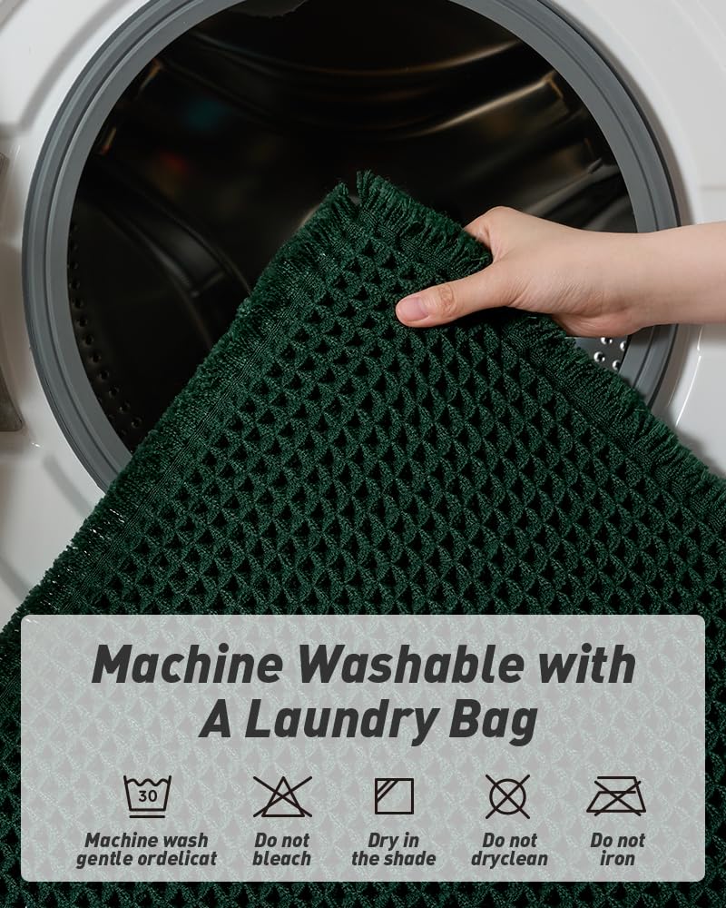 AMOAMI Upgraded Waffle Bath Mat, Super Absorbent Non Slip Bath Mats for Bathroom Floor, Machine Washable Bathroom Rugs with Tassels, Rubber Backed Bathroom Mats, Ultra Soft, 17" x 24", Dark Green - Image 5