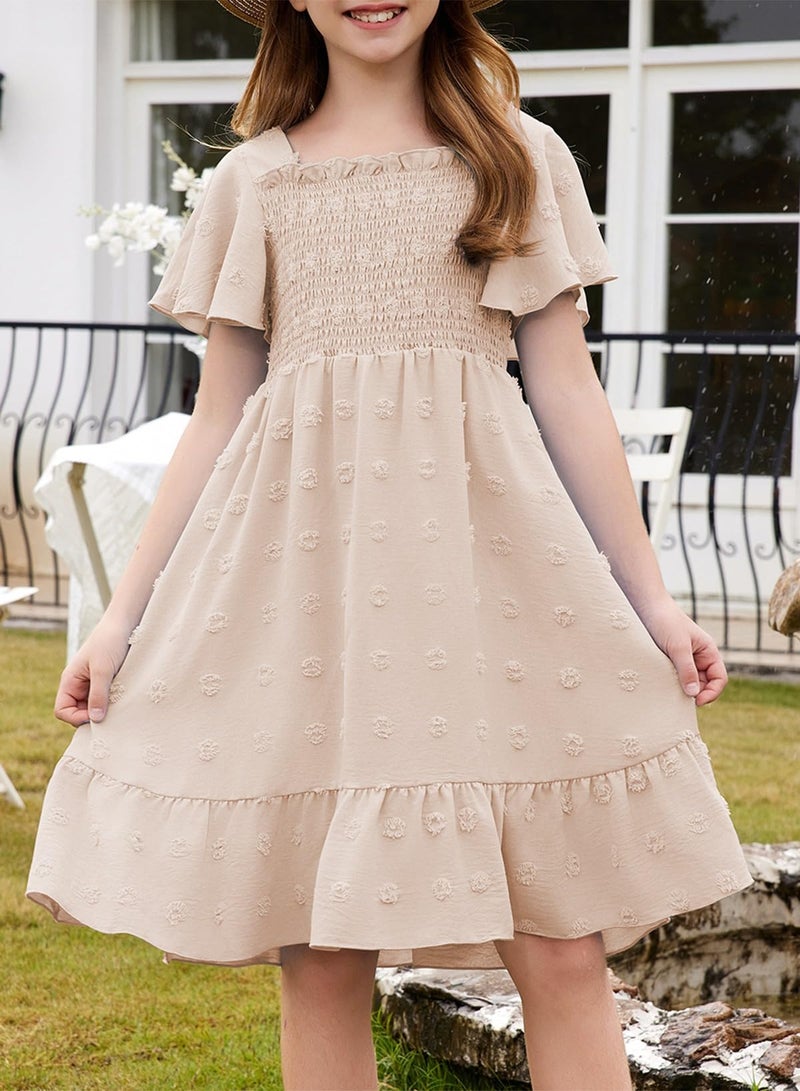 blibean Tween Girls Spring Dress Teen Girl Chiffon Flower Boho Dresses Little Kids Flutter Short Sleeve Formal Clothes Party Swiss Dots Easter Vestidos NiÃ±as Size 6-7 Years Old Beige - Image 2