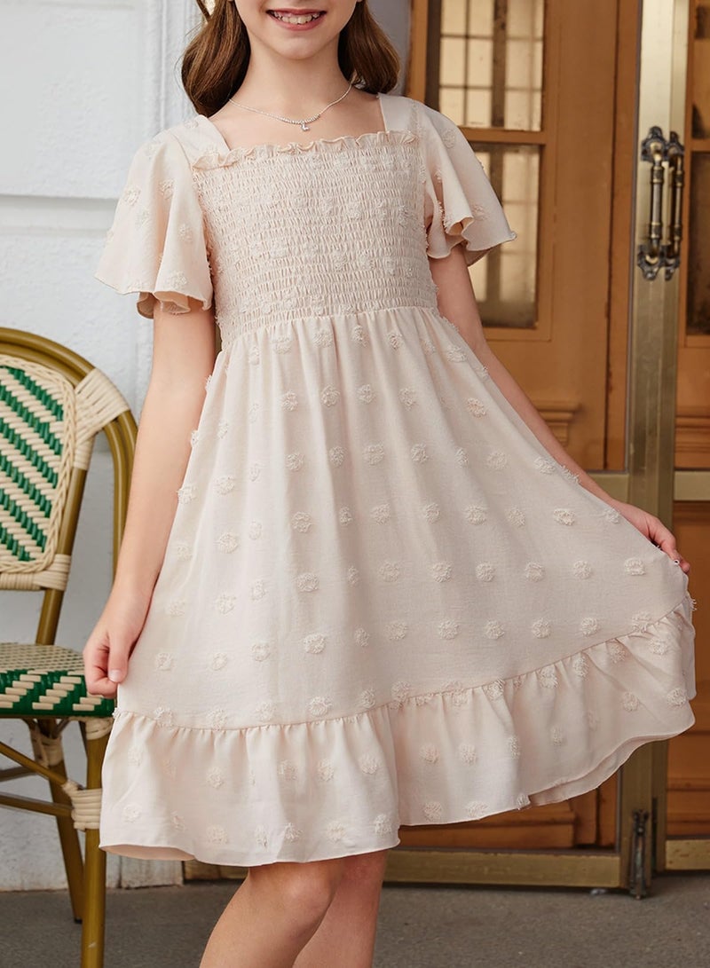 blibean Tween Girls Spring Dress Teen Girl Chiffon Flower Boho Dresses Little Kids Flutter Short Sleeve Formal Clothes Party Swiss Dots Easter Vestidos NiÃ±as Size 6-7 Years Old Beige - Image 4