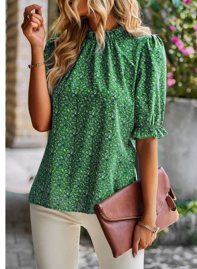 ZILIN Women's Summer Boho Floral Shirt Top Ruffle Mock Neck Puff Short Sleeve 2024 Casual Blouses, Green, M - Image 4