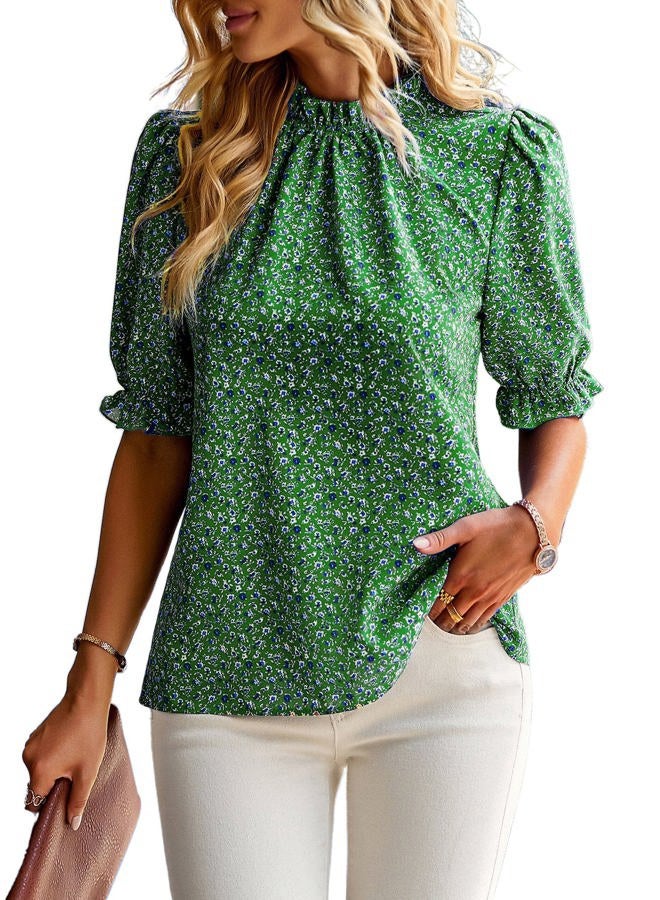 ZILIN Women's Summer Boho Floral Shirt Top Ruffle Mock Neck Puff Short Sleeve 2024 Casual Blouses, Green, M - Image 1