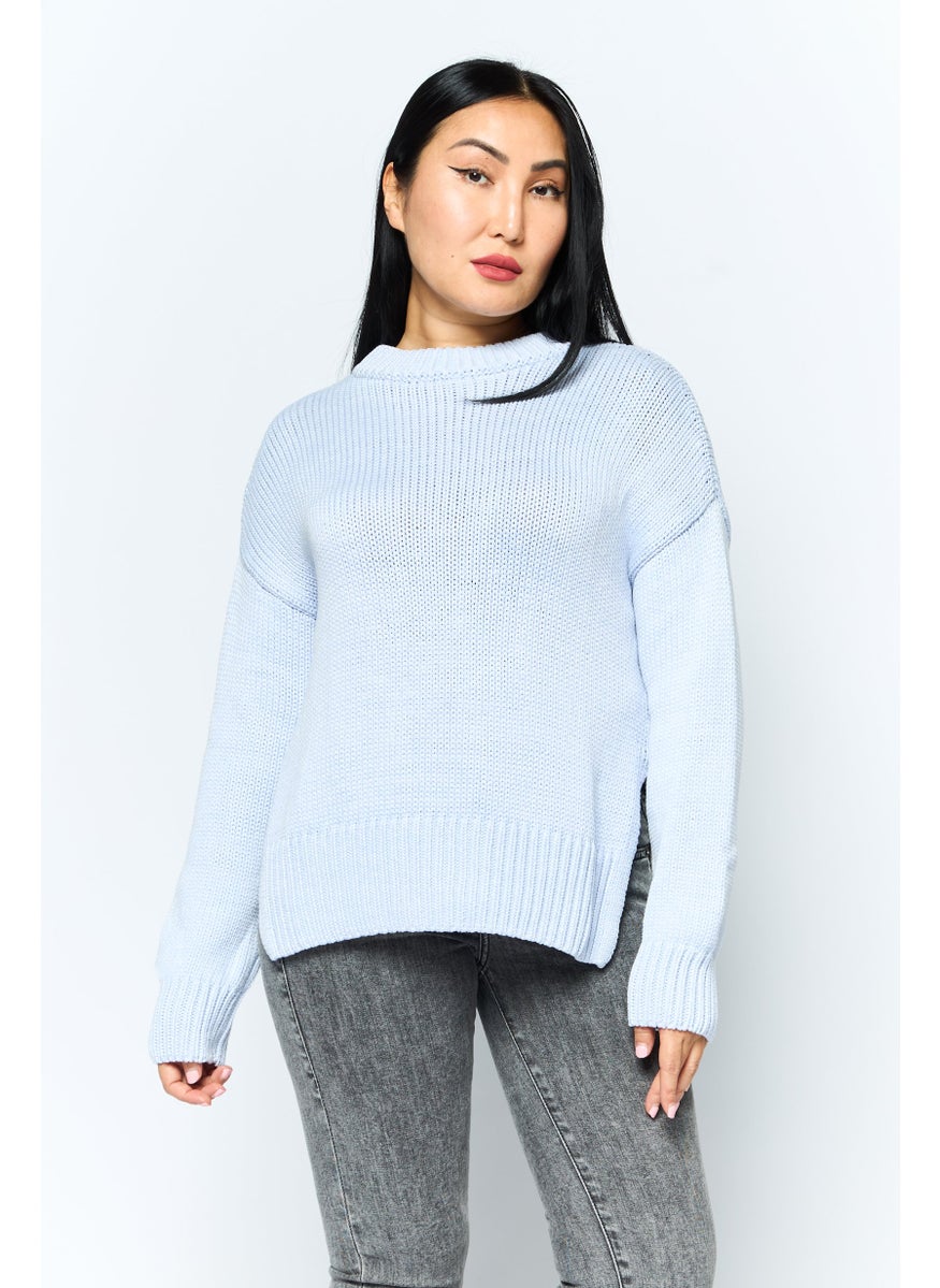 HUGO BOSS Women Crew Neck Textured Sweater, Light Blue  - Image 1