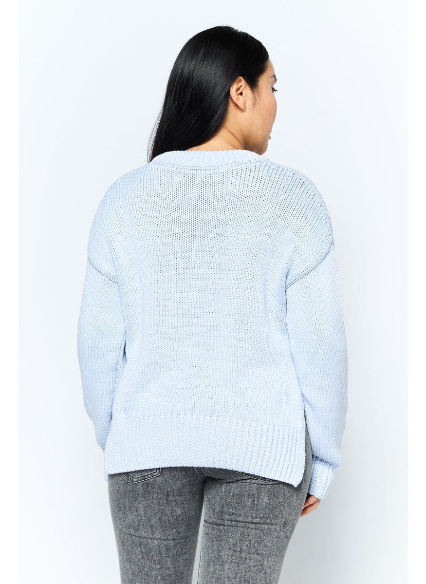 HUGO BOSS Women Crew Neck Textured Sweater, Light Blue  - Image 4
