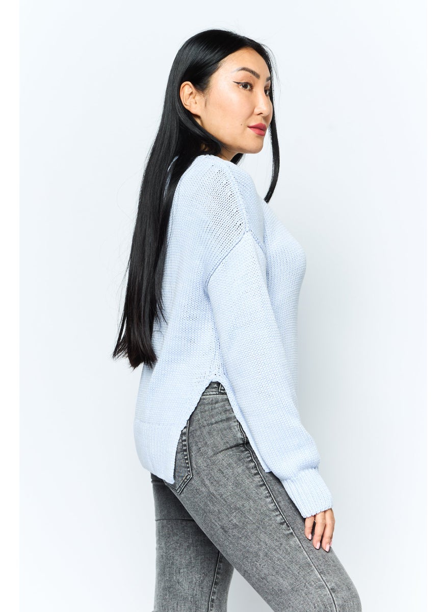HUGO BOSS Women Crew Neck Textured Sweater, Light Blue  - Image 3