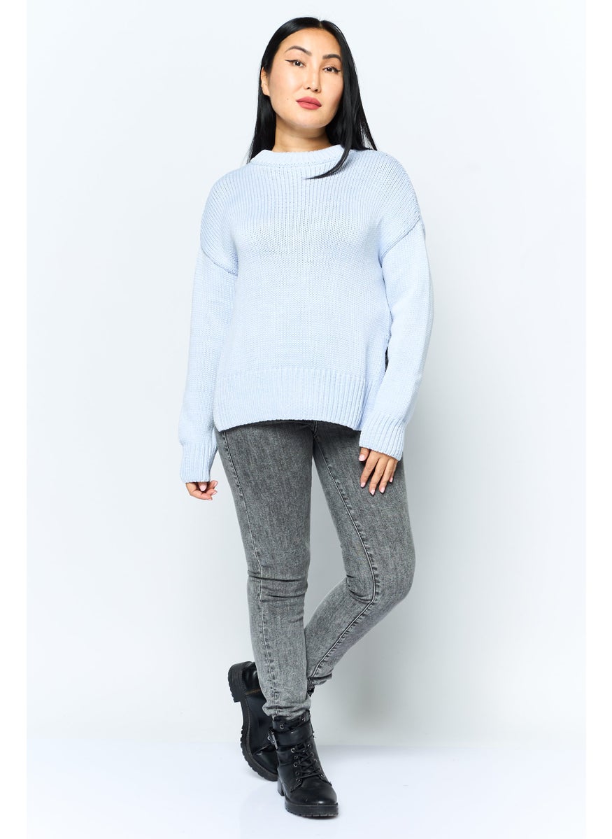 HUGO BOSS Women Crew Neck Textured Sweater, Light Blue  - Image 2