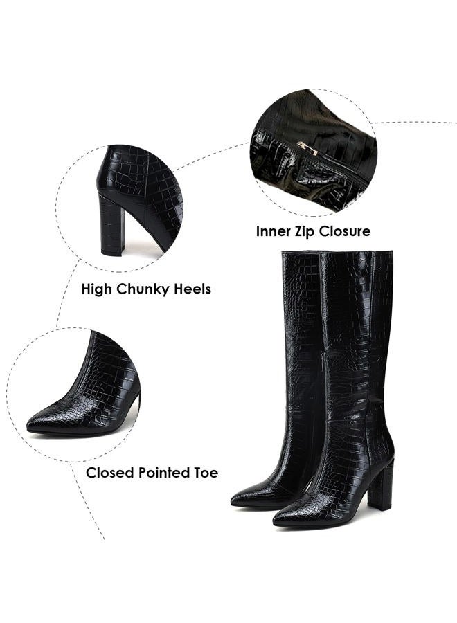 Modatope Tall Knee High Faux Crocodile Boots With Zipper Block Heel Pointed Toe Size 8 - Image 4
