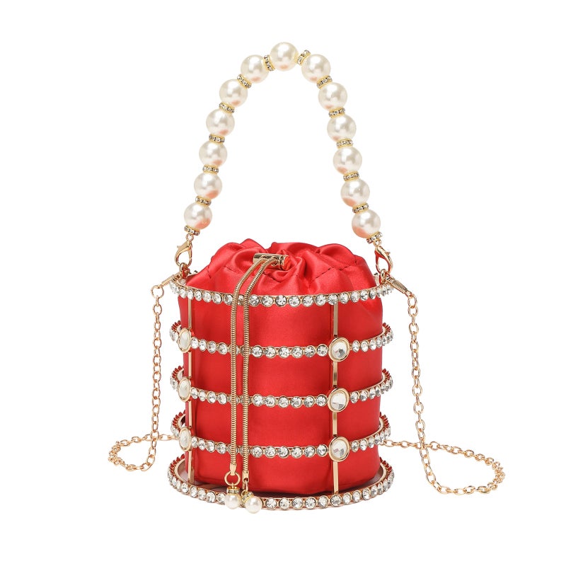 Women'S Fashion Evening Bag Metal Hollow Diamond Bucket Bag Pearl Bracelet Bag Chain Crossbody Clutch - Image 1