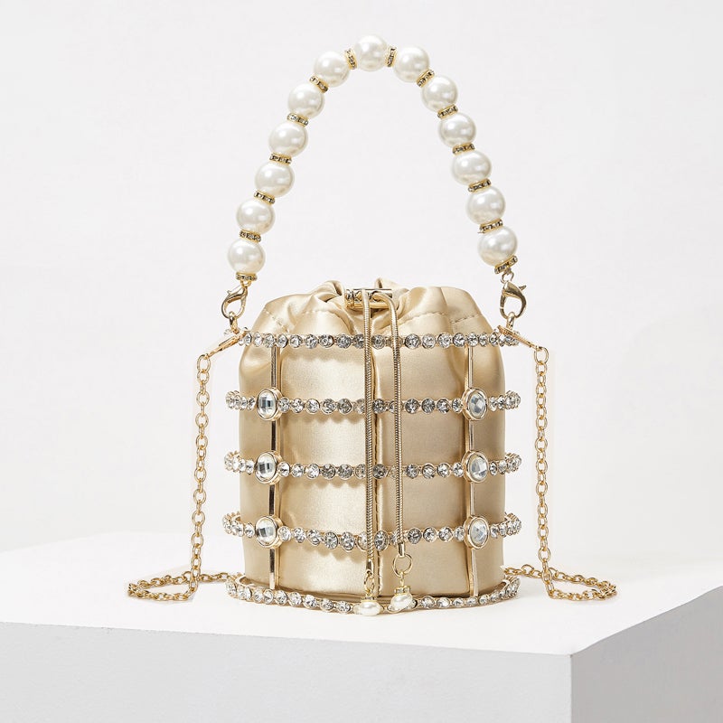Women'S Fashion Evening Bag Metal Hollow Diamond Bucket Bag Pearl Bracelet Bag Chain Crossbody Clutch - Image 2