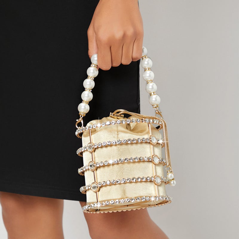 Women'S Fashion Evening Bag Metal Hollow Diamond Bucket Bag Pearl Bracelet Bag Chain Crossbody Clutch - Image 4
