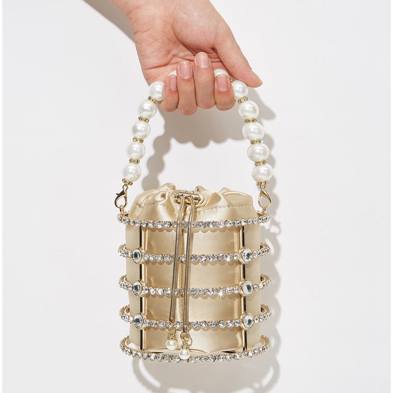 Women'S Fashion Evening Bag Metal Hollow Diamond Bucket Bag Pearl Bracelet Bag Chain Crossbody Clutch - Image 3