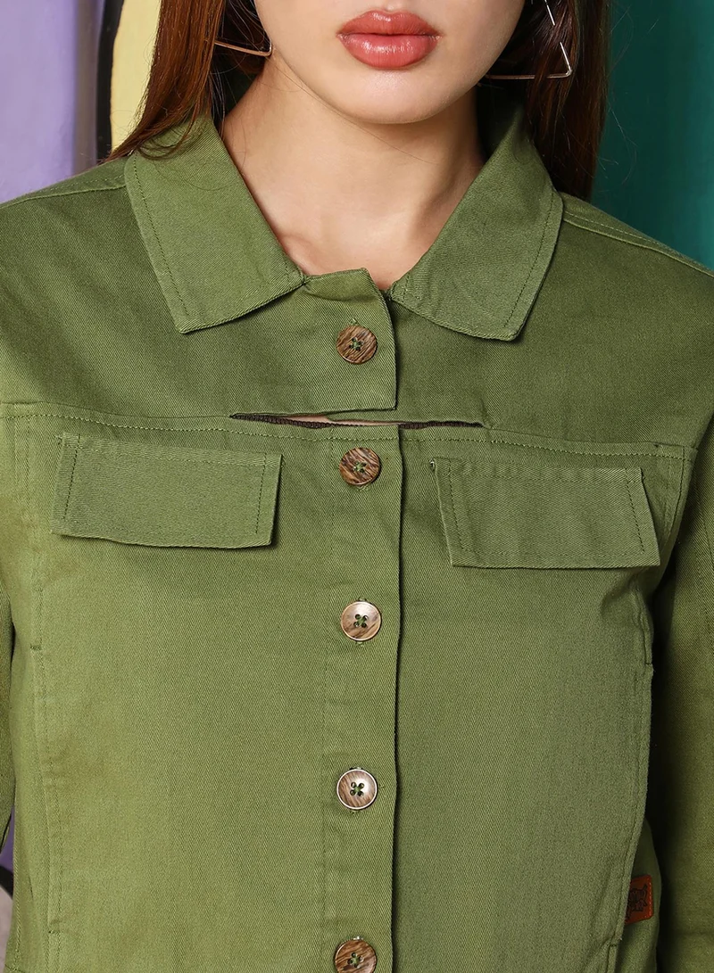 كامبوس سوترا Women's Olive Green Button-Front Crop Jacket