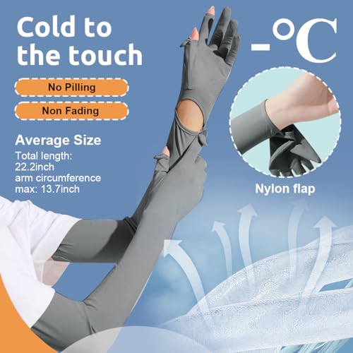 PALAY® UV Protection Arm Sleeves Nylon Ice Silk Arm Sleeves with One Piece Gloves, Open Finger Tip & Anti-slip Palm Design Outdoor Cool Arm Sleeve for Driving, Cycling, Gardening- Grey - Image 2