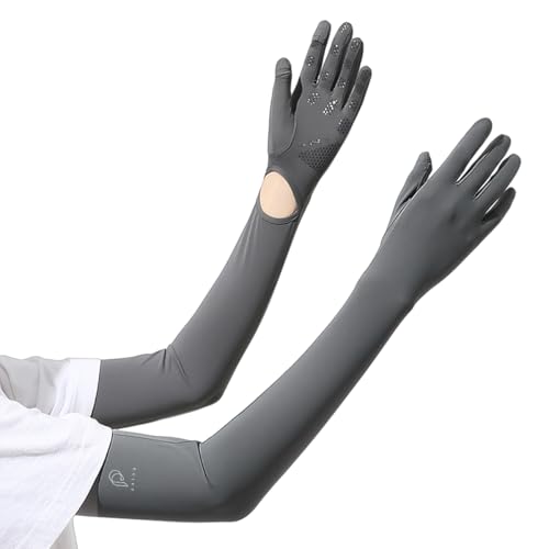 PALAY® UV Protection Arm Sleeves Nylon Ice Silk Arm Sleeves with One Piece Gloves, Open Finger Tip & Anti-slip Palm Design Outdoor Cool Arm Sleeve for Driving, Cycling, Gardening- Grey - Image 1