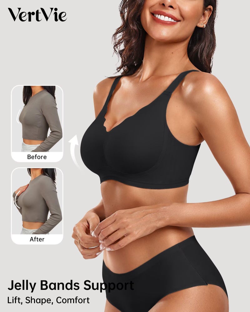 Vertvie Women's Seamless Bras No Underwire Scalloped Push Up Bras Soft Wireless Comfort Bralettes Full Coverage Everyday Bra (Black,Medium) - Image 2